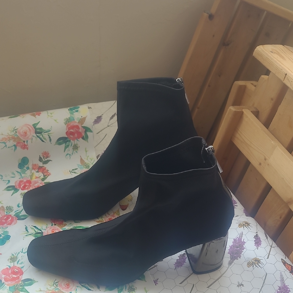 Black Ankle Boots with Silver Heel